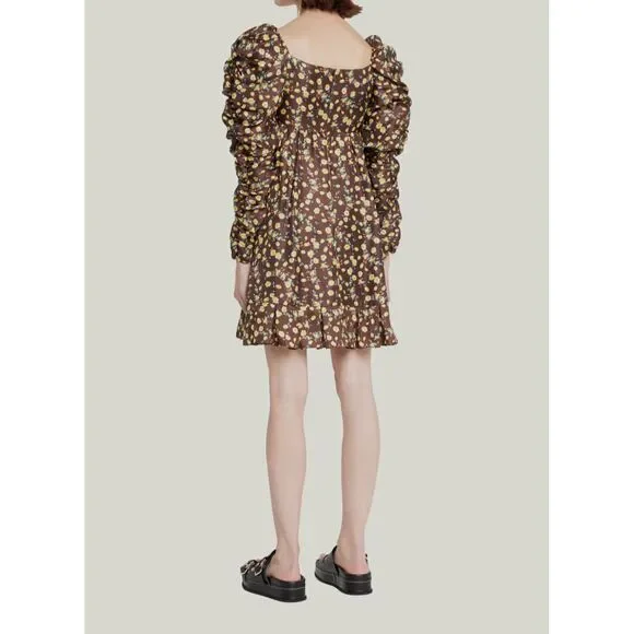 $1095 Autumn Adeigbo Women's Brown Silk Floral Ruched Bridgette Dress Size 2